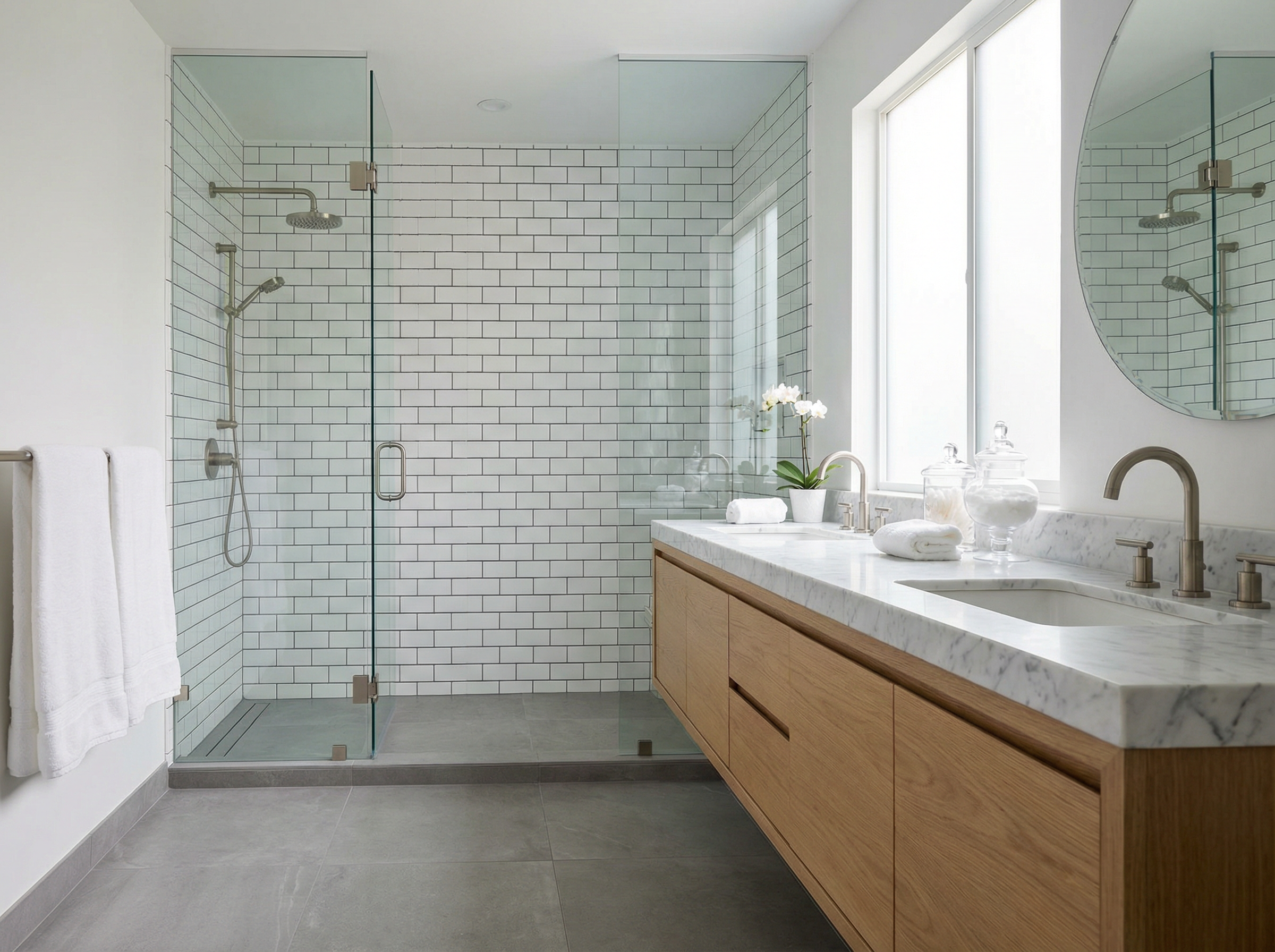 Elegant bathroom with glass shower and double vanity