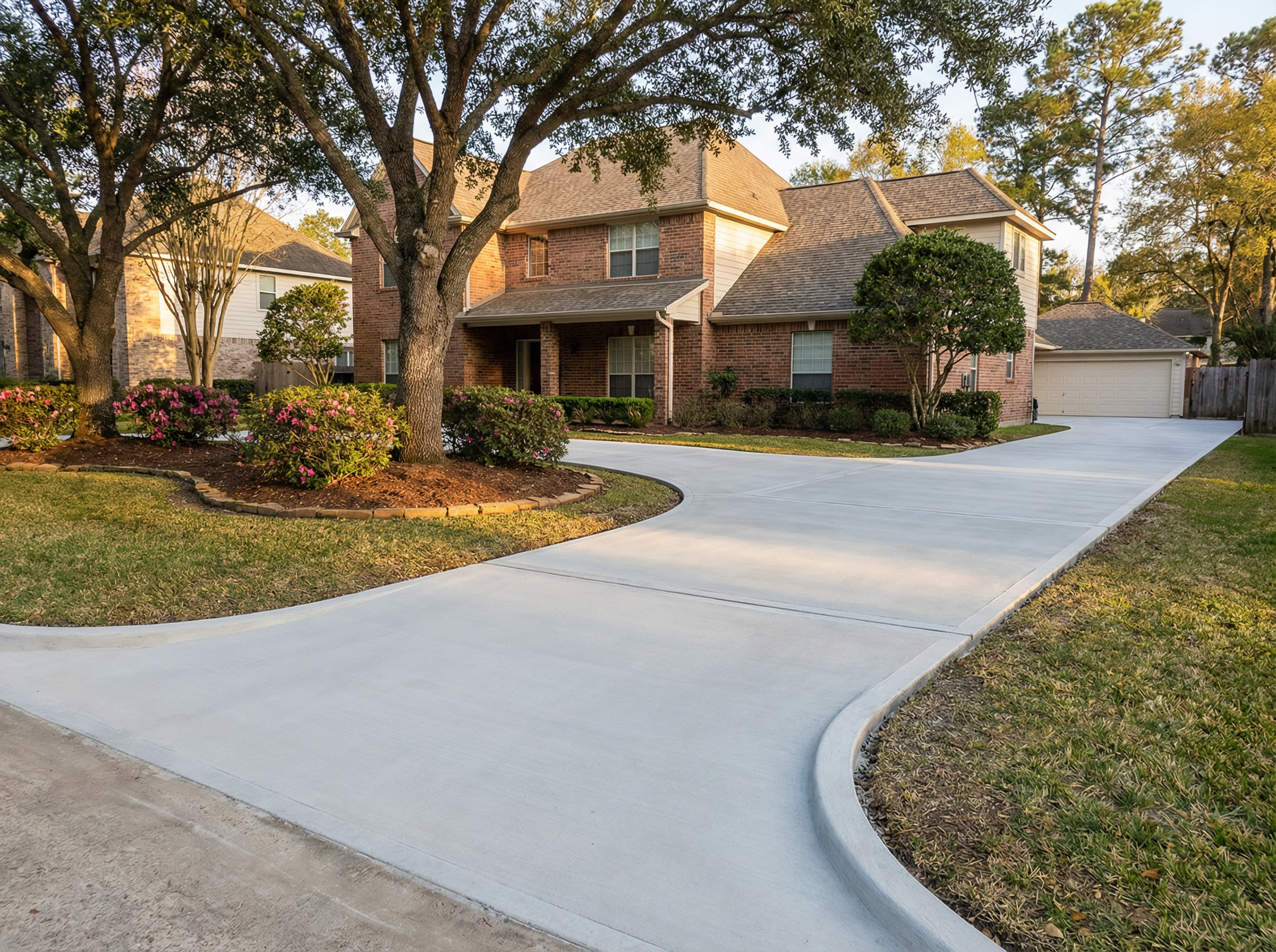 Fresh concrete driveway leading to a Houston home