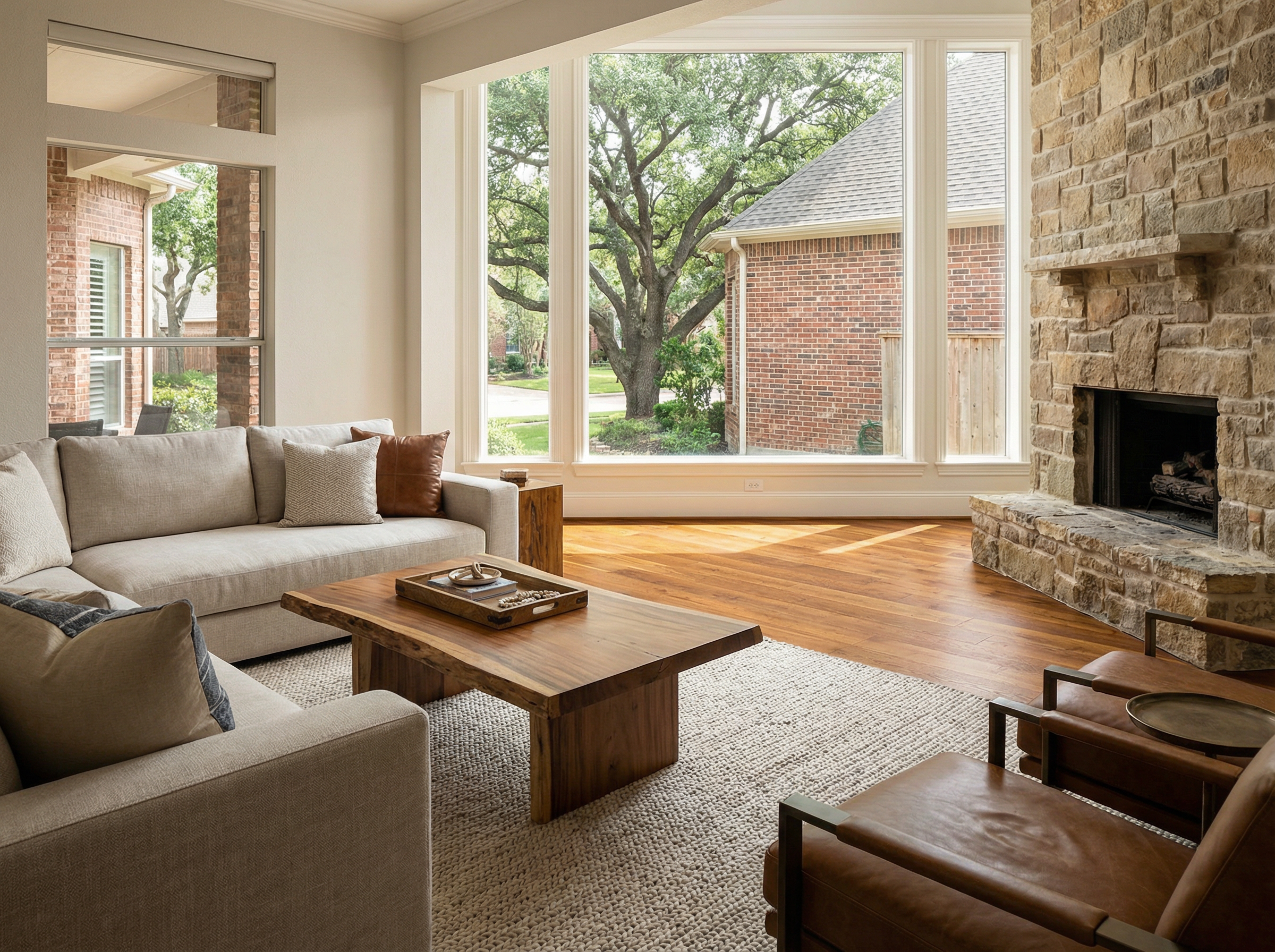 Warm hardwood flooring in a spacious living room