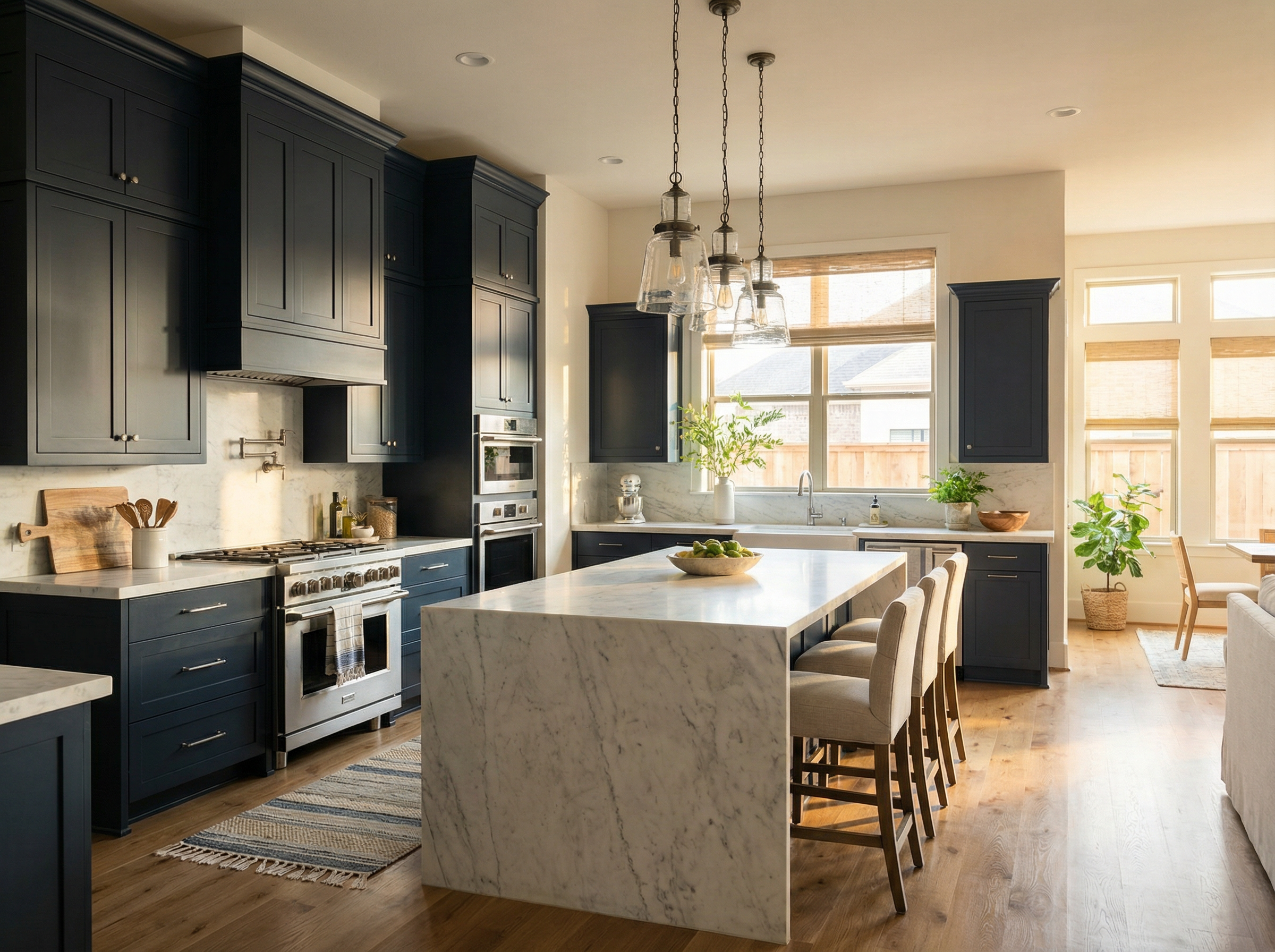 Modern kitchen with dark cabinets and marble countertops