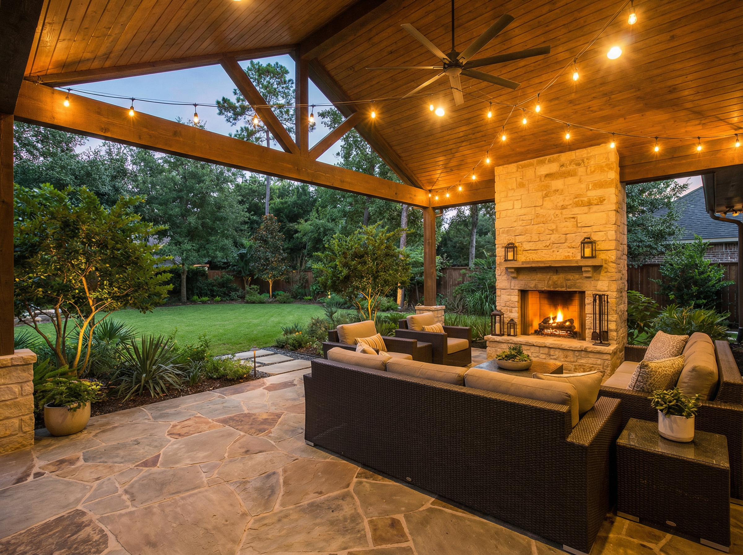 Covered patio with stone pavers and outdoor fireplace