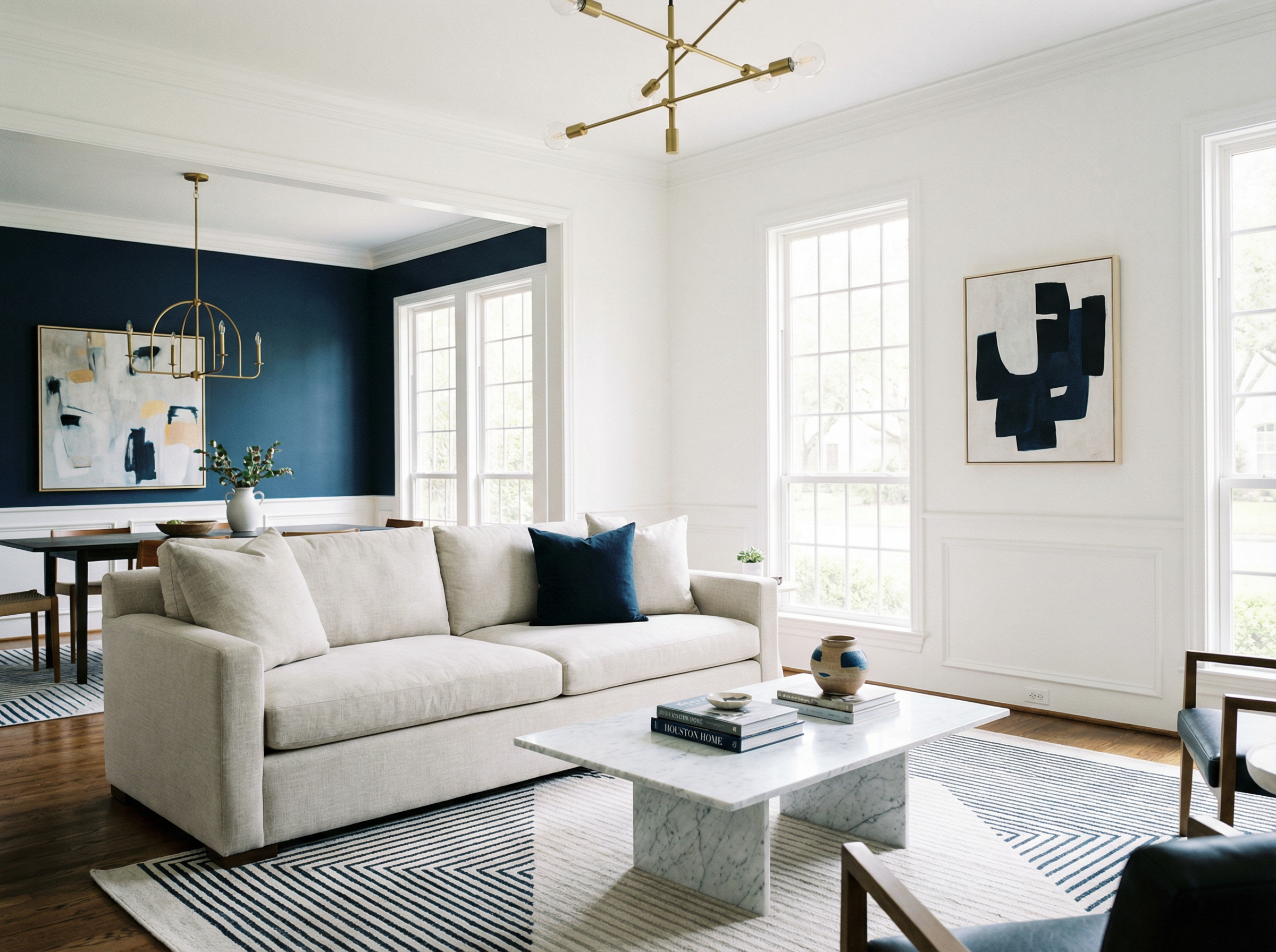 Freshly painted living room with navy accent wall